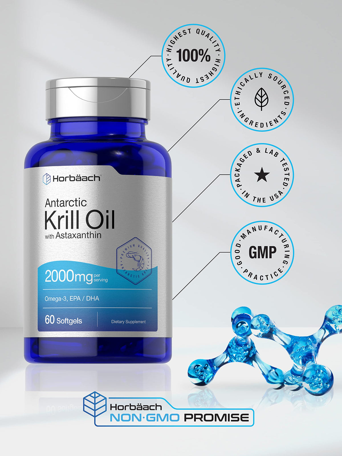 Horbäach Antarctic Krill Oil 2000mg - 60 Softgel Capsules - Omega-3, EPA, DHA Supplemen