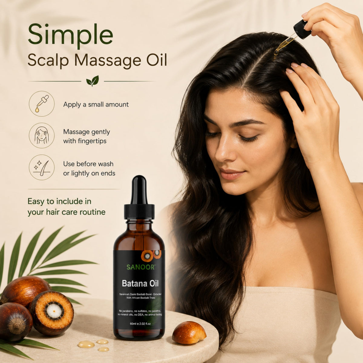SANOOR Batana Oil for Hair, Lash, Brow & Skin Care, Premium Cosmetic Oil for Scalp Massage, Hair Lengths, Ends, Eyebrows, Eyelashes & Dry-Feeling Skin, 60 ml