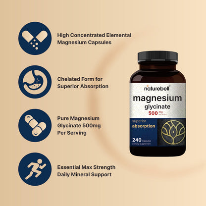 NatureBell Magnesium Glycinate Capsules 500mg - 240 Count, 100% Chelated & Purified