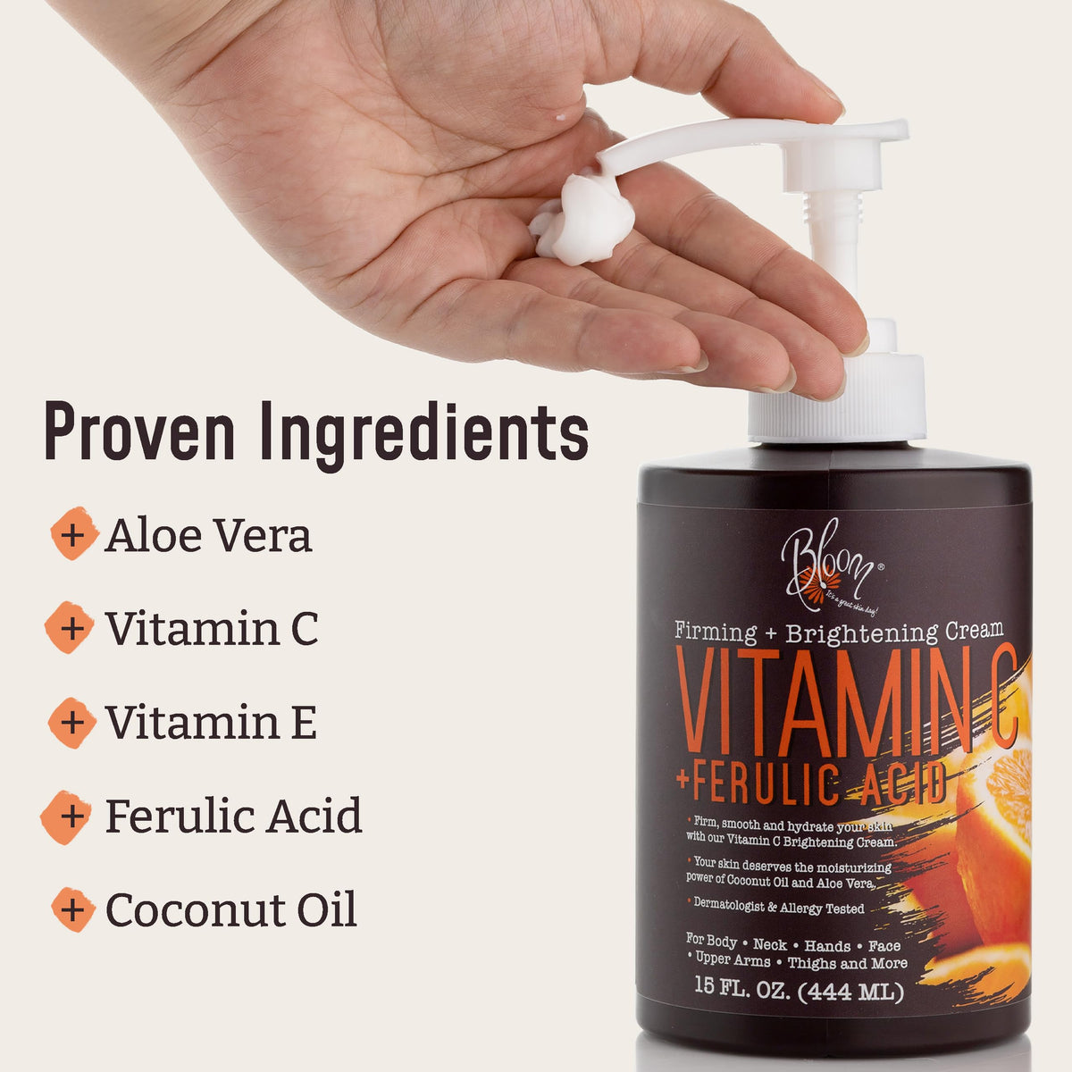 BLOOM Vitamin C Cream Body Lotion & Face Moisturizer W/Coconut Oil - Natural Skin Care