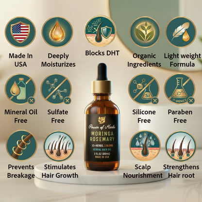 Moringa Rosemary Hair Oil with Amla, Bhringaraj, Pumpkin seed, Almond, Neem, Fenugreek, Infused with Biotin & Vitamin E, Reduces Hair Fall & Thinning, Supports Growth & Scalp Nourishment, Made in USA
