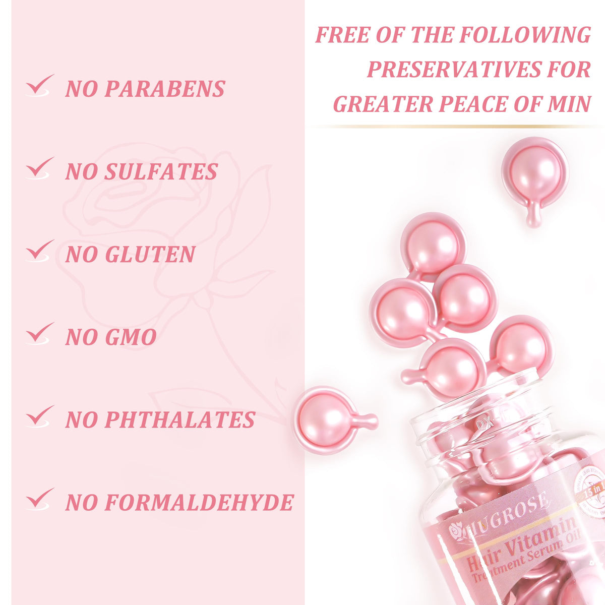 Hair Treatment Serum 40 Capsules, Hair Vitamins A C E Pro B5 - Hair Serum for Frizzy and Damaged Hair, Hair Oil with Rosa Rugosa Flower, Jojoba & Macadamia Seed - Leave in Conditioner for Women & Men