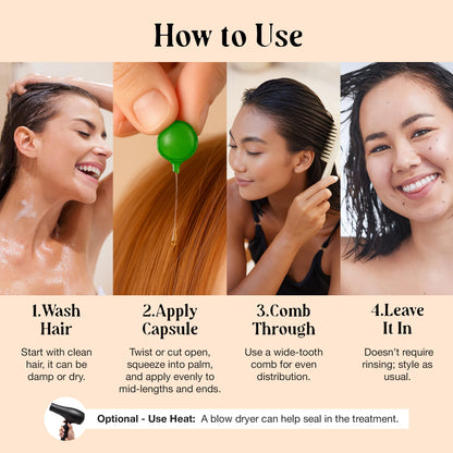 LivaClean 60 CT Hair Serum Capsules for Frizzy, Damaged Hair - Vitaminas para el Cabello - Keratin & Argan Oil with Biotin, Vitamins E, B5, B7, Jojoba Oil - Shine Boost & Split End Repair