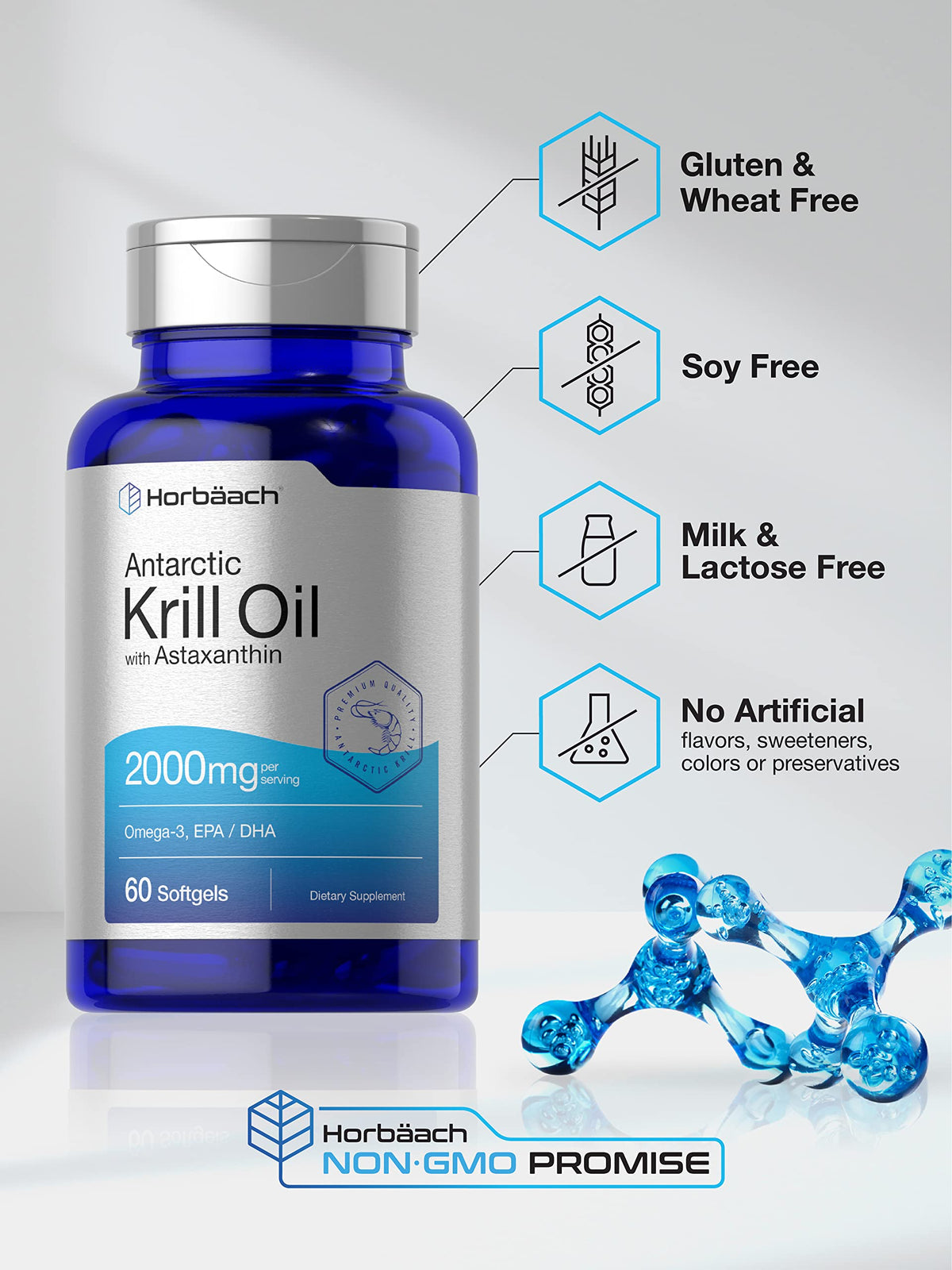 Horbäach Antarctic Krill Oil 2000mg - 60 Softgel Capsules - Omega-3, EPA, DHA Supplemen