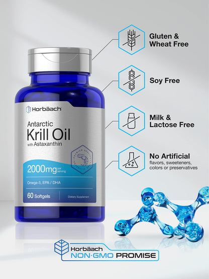 Horbäach Antarctic Krill Oil 2000mg - 60 Softgel Capsules - Omega-3, EPA, DHA Supplemen