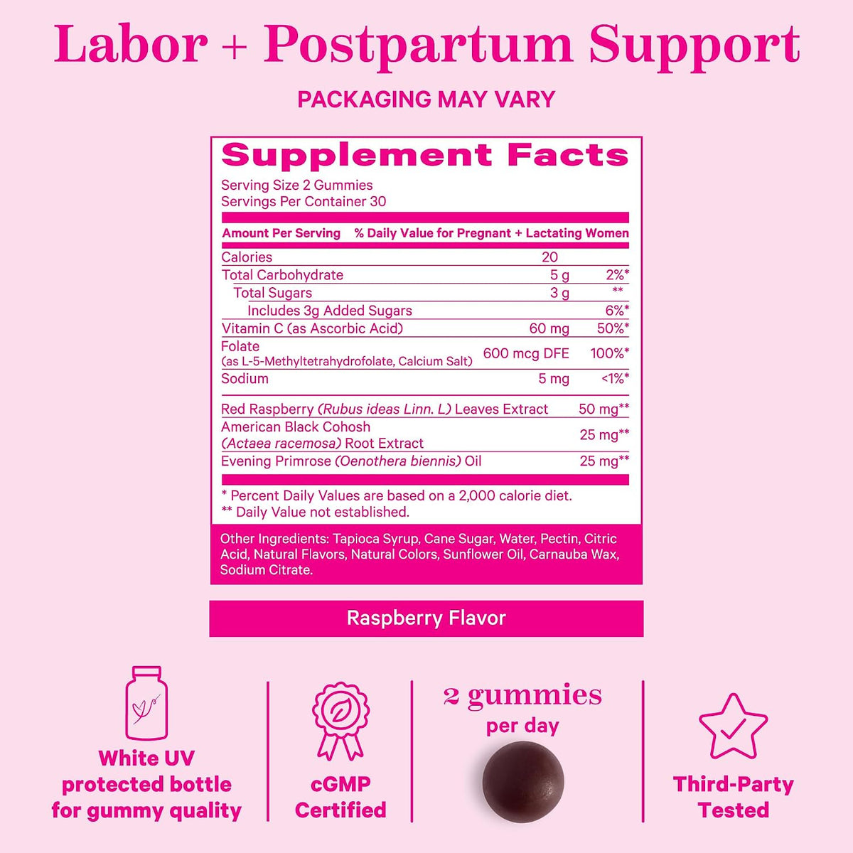 Pink Stork Red Raspberry Leaf Gummies for Labor Prep, 60 Count - Evening Primrose Oil + Black Cohosh, Pregnancy + Postpartum Mood Essentials, Vegan, Non-GMO