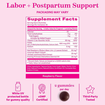 Pink Stork Red Raspberry Leaf Gummies for Labor Prep, 60 Count - Evening Primrose Oil + Black Cohosh, Pregnancy + Postpartum Mood Essentials, Vegan, Non-GMO