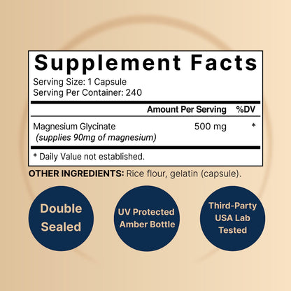NatureBell Magnesium Glycinate Capsules 500mg - 240 Count, 100% Chelated & Purified