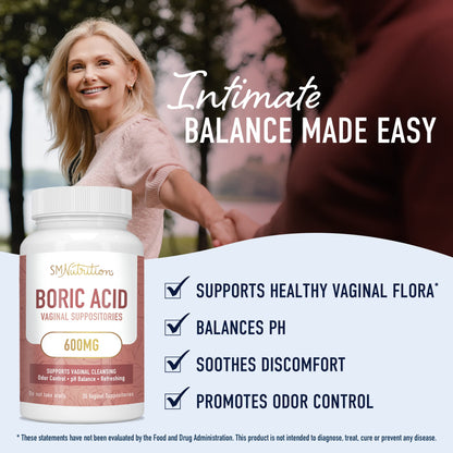 Boric Acid Suppositories for Women - 600mg - for pH Balance, Vaginal Odor & Itching - Feminine Intimate Health