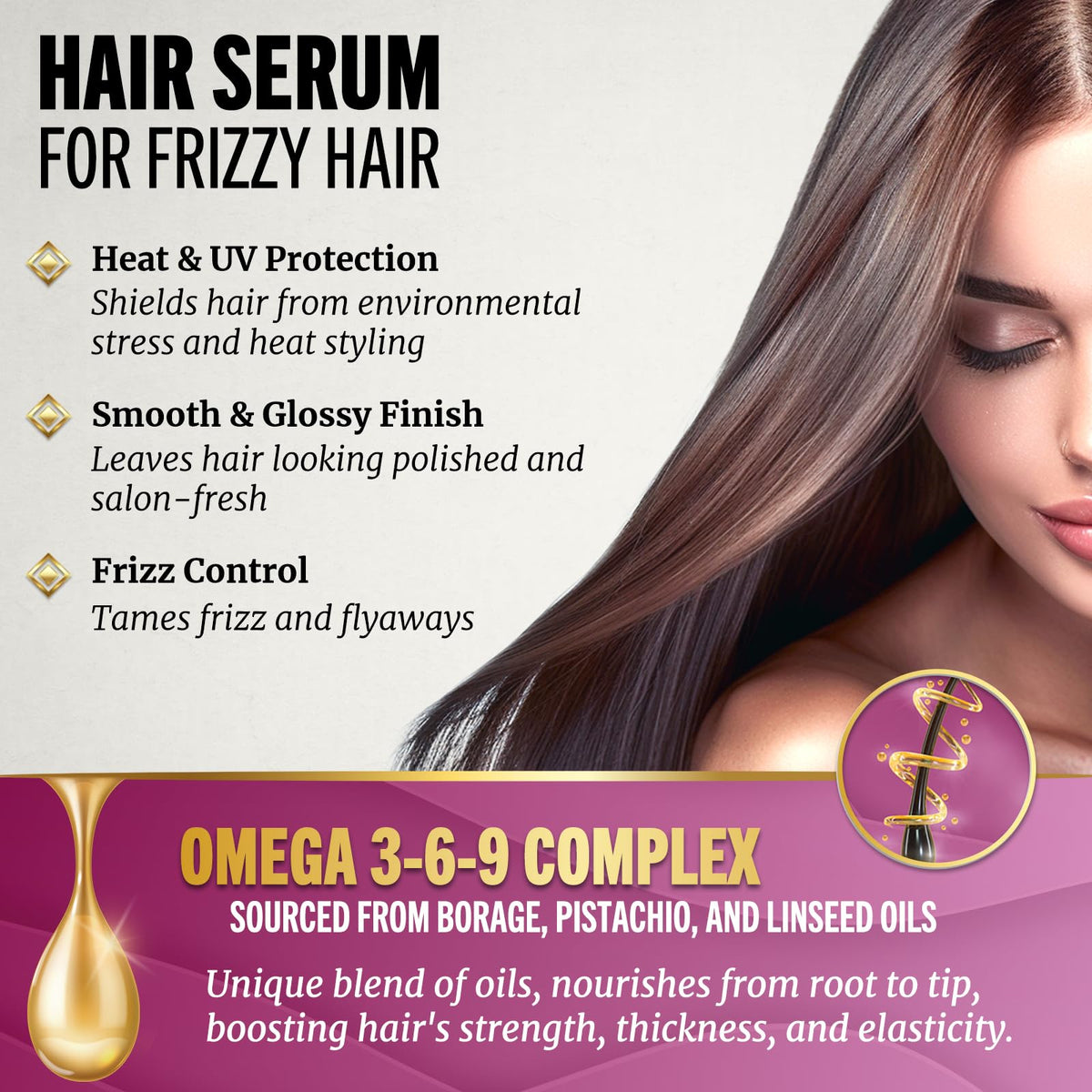 Jenoris Pistachio Oil Hair Serum for Frizzy and Damaged Hair, Lightweight Hair Oil for Dry Hair with Omega 3-6-9 Complex, Anti-Frizz Hair Serum for Shine, Hydration & Split-End Treatment, 3.38 fl.oz
