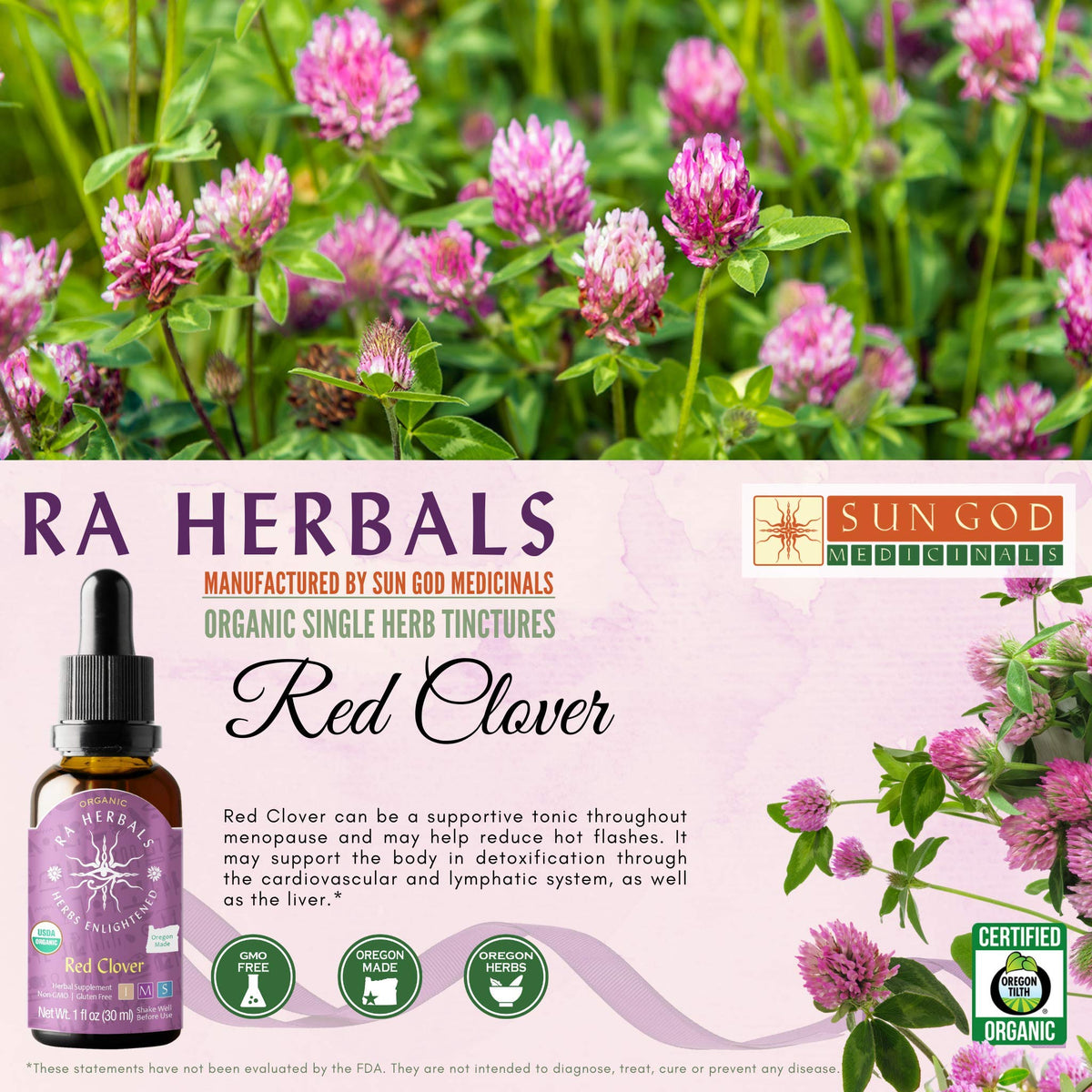 Ra Herbals Organic Red Clover Liquid Extract - Menopause Support - 1 fl oz