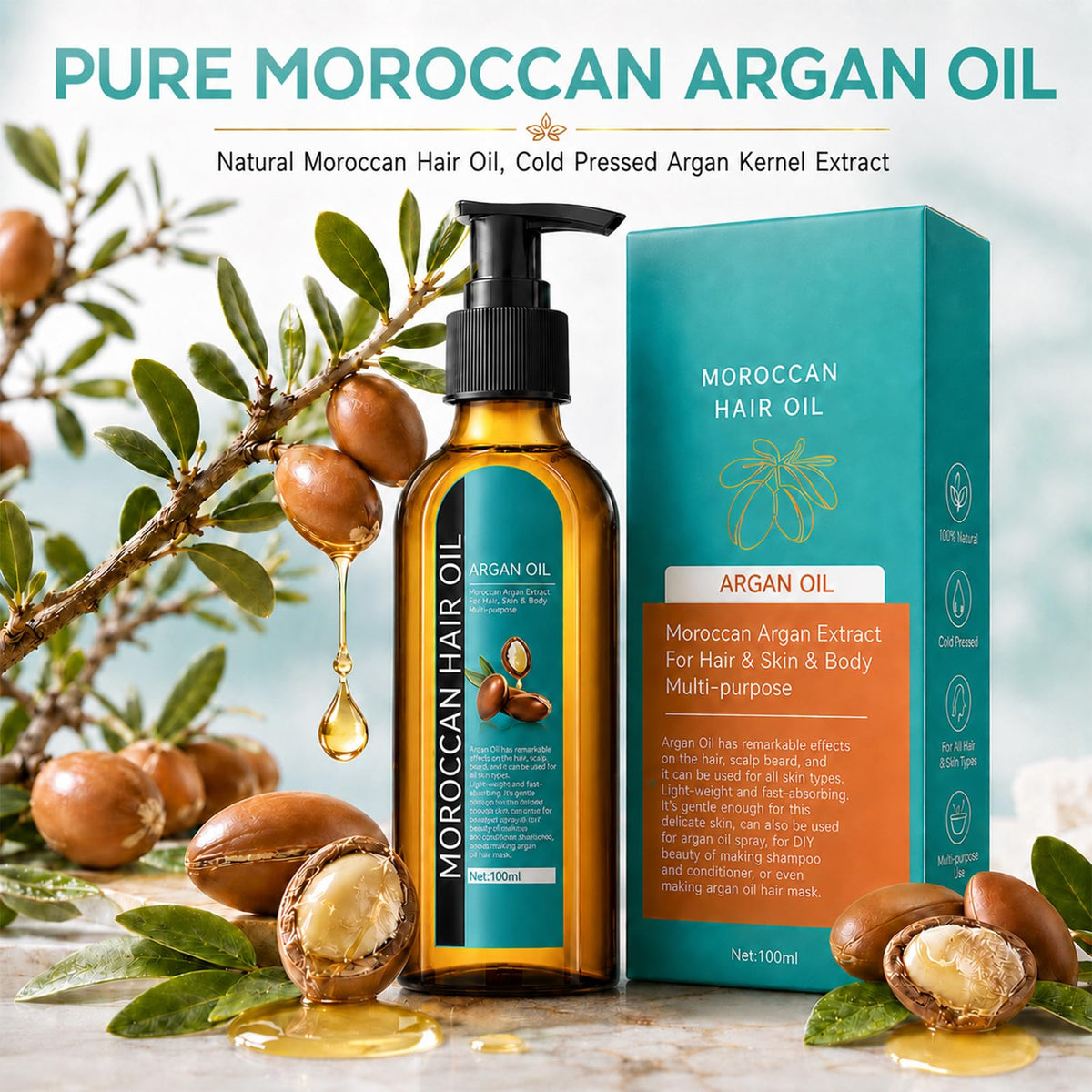 Moroccan Argan Oil, Hair Oil for Frizzy Hair, Morroccan Hair Care Oil Natural Serum Help Split Ends Dry Scalp Hair Care Products Strengthen Dry Damaged Curly Long Curly Hair Treatment Heat Protectant