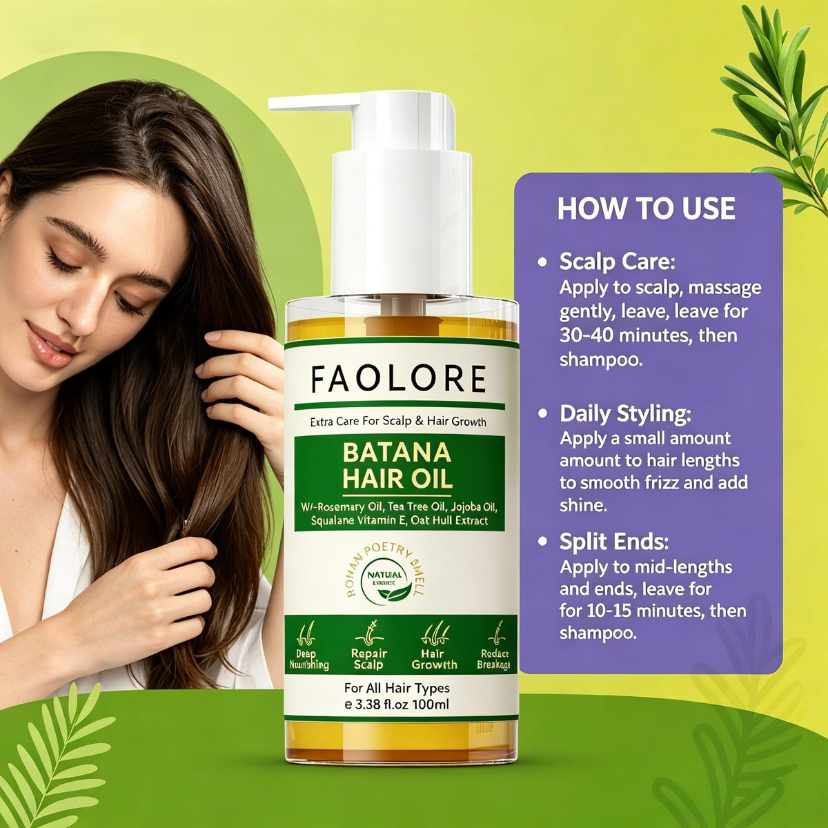 FAOLORE 100ml Batana Oil for Hair Growth-100% Raw Batana Oil With Rosemary Oil + Tea Tree Oil for Hair Growth,Wild Growth Hair Oil,Nourishes Scalp Hair
