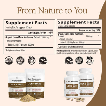 Real Mushrooms Lion’s Mane Powder - Organic Lions Mane Mushroom Extract