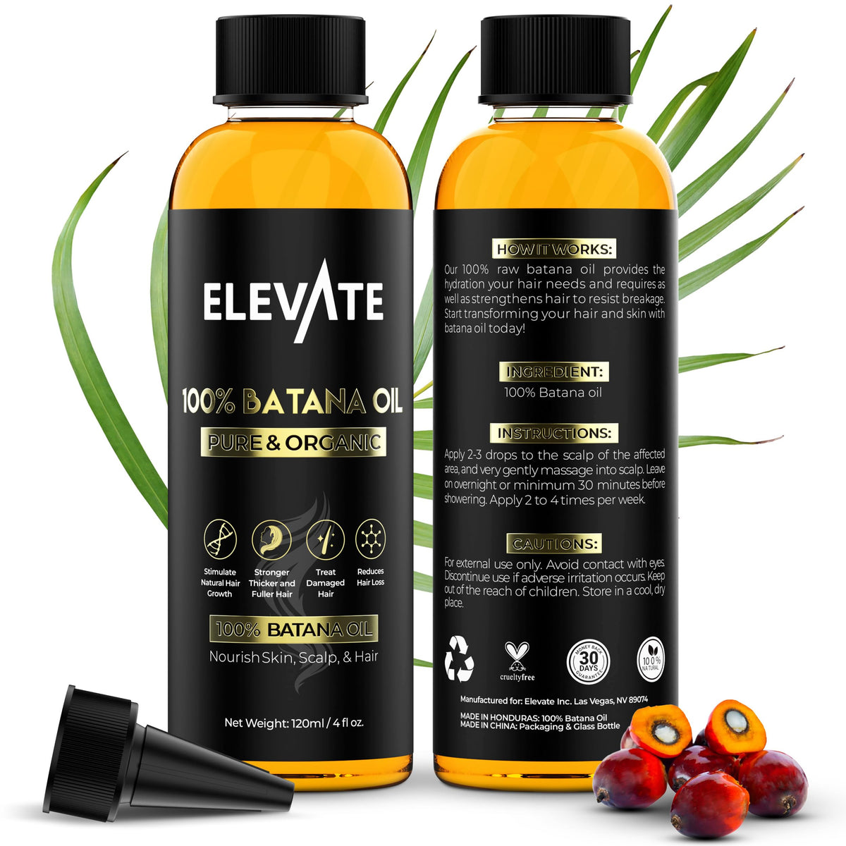 Elevate Batana Oil for Hair Growth - 100% Pure & Natural Raw Dr. Sebi Organic Oil from Honduras - Cold Pressed Chemical-Free for Thickness & Scalp Care Skin - Thicker Stronger Hair 4 Fl Oz 2 Pack