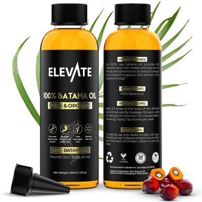 Elevate Batana Oil for Hair Growth - 100% Pure & Natural Raw Dr. Sebi Organic Oil from Honduras - Cold Pressed Chemical-Free for Thickness & Scalp Care Skin - Thicker Stronger Hair 4 Fl Oz 2 Pack