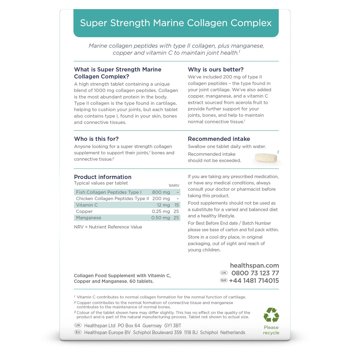 Healthspan 1,000mg Marine Collagen Complex 60 Tablets - 800mg Type I + 200mg Type II Collagen