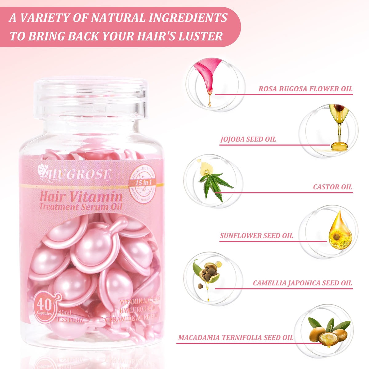 Hair Treatment Serum 40 Capsules, Hair Vitamins A C E Pro B5 - Hair Serum for Frizzy and Damaged Hair, Hair Oil with Rosa Rugosa Flower, Jojoba & Macadamia Seed - Leave in Conditioner for Women & Men