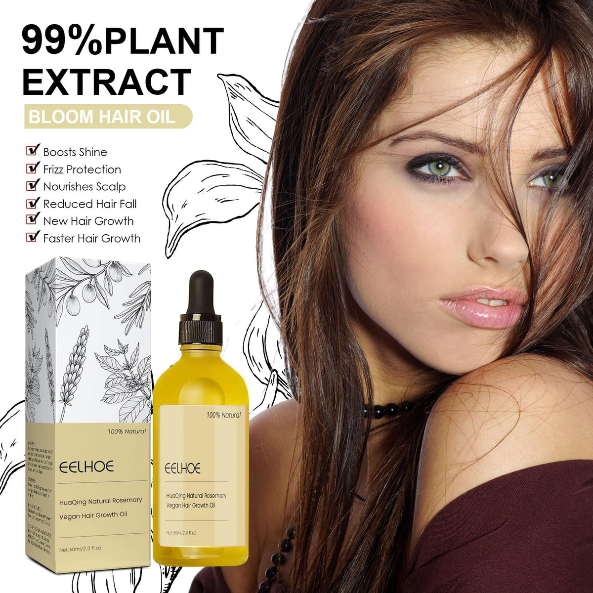 2 Pcs Natural Hair Growth Oil, EELHOE Organic Rosemary Oil for Dry Damaged and Thin Hair.