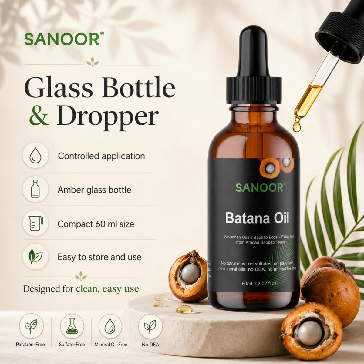 SANOOR Batana Oil for Hair, Lash, Brow & Skin Care, Premium Cosmetic Oil for Scalp Massage, Hair Lengths, Ends, Eyebrows, Eyelashes & Dry-Feeling Skin, 60 ml