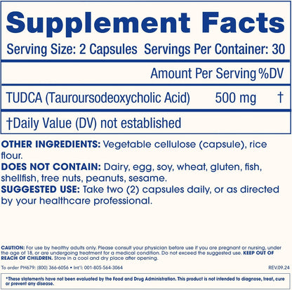 ProHealth Pure TUDCA - Clinically Studied - Third-Party Tested - 500 mg per Serving, 60 Capsules