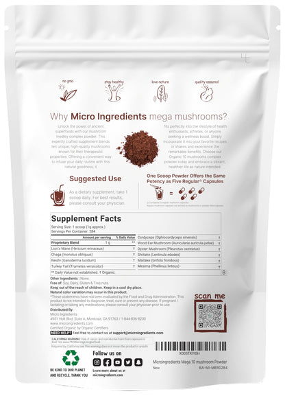 Micro Ingredients Organic Mega Mushroom Powder, 5oz (141 Days Supply) - 10-in-1 with Chaga, Lion’s Mane, Cordyceps & More - Great for Smoothies & Daily Use - Non-GMO, Vegan Friendly