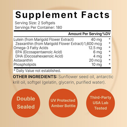 Lutein 40mg + Zeaxanthin 1,600mcg, 360 Softgels - 4-in-1 Formula with Astaxanthin, Omega-3 & Phospholipids - Marigold Flower Extract - Supports Eye, Brain & Vision Health - Non-GMO, Gluten Free
