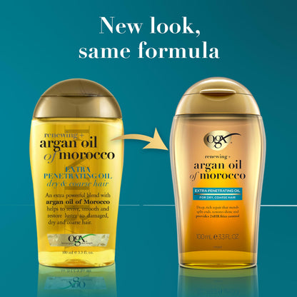 OGX Renewing + Argan Oil of Morocco Hair Oil, Extra Strength Penetrating Serum Treatment for Dry, Damaged, Frizzy, Curly & Coarse Hair, Cold-Pressed Argan Oil, Shine, 3.3 Fl Oz