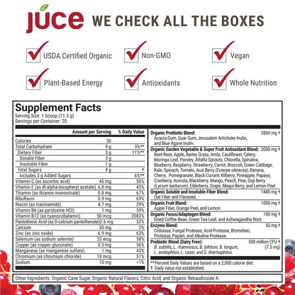 JUCE Reds Organic Superfood Powder - Garden Berry Flavor - Fruit and Veggie Powder