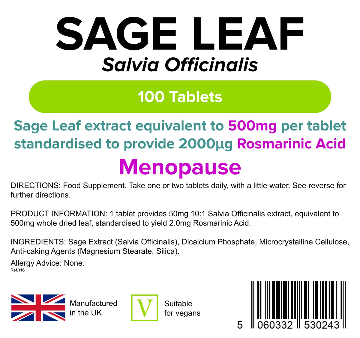 Lindens Sage Leaf 500mg 100 Tablets (Hot Flushes/flashes & Sweats in Menopause)