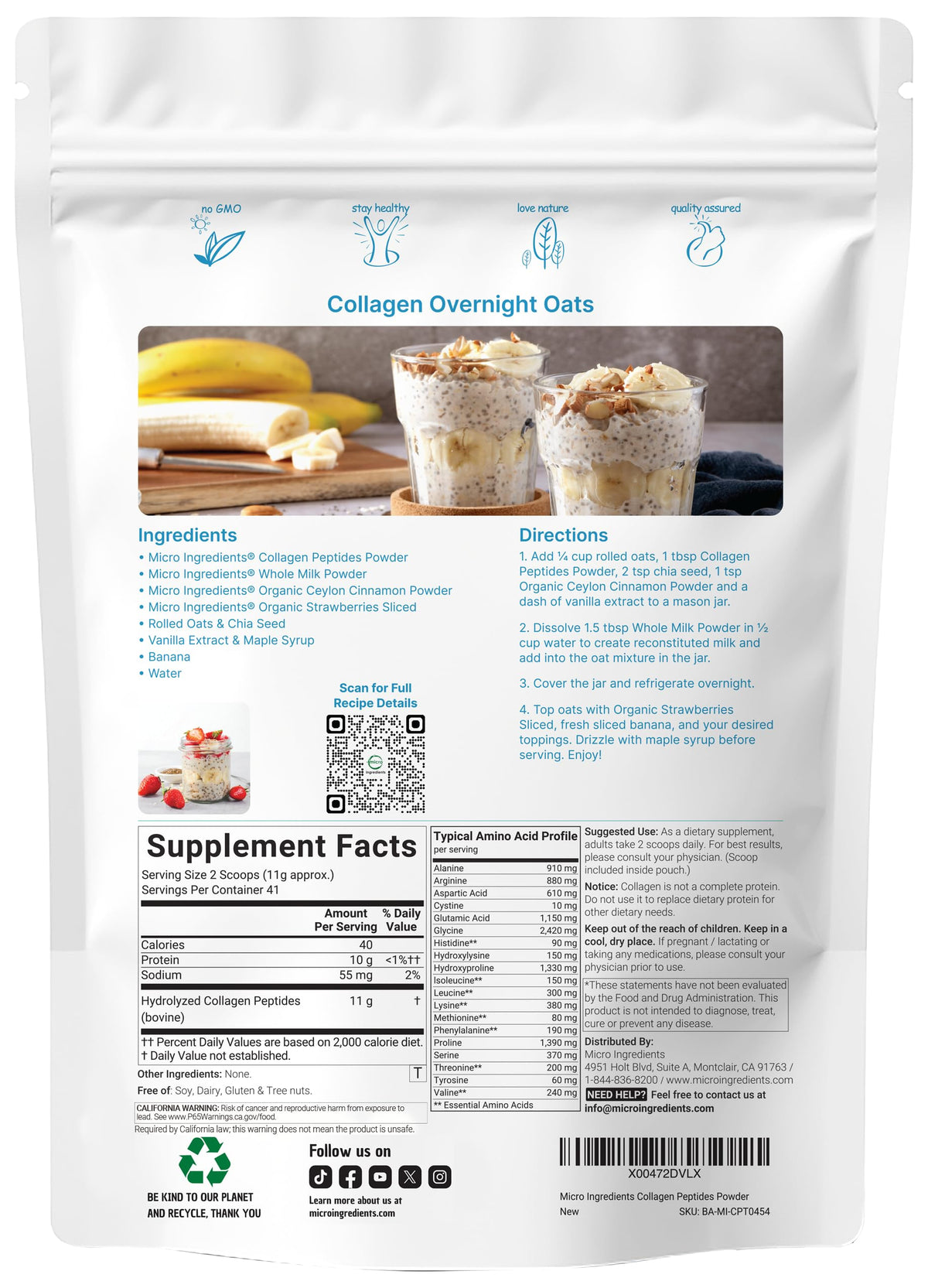 Micro Ingredients Hydrolyzed Collagen Peptides Powder, 1 lb - Type I & III Collagen for Women & Men - Unflavored Bovine Collagen Protein - Easy Dissolve, Paleo, Non-GMO