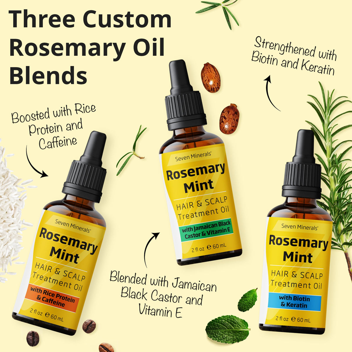 Seven Minerals, NEW Rosemary Oil for Hair Growth, Infused with Rice Protein, Caffeine, Mint and Natural Hair Strengthening Oils, Naturally Thicker, Longer, Softer Hair for Men & Women (2 fl oz)