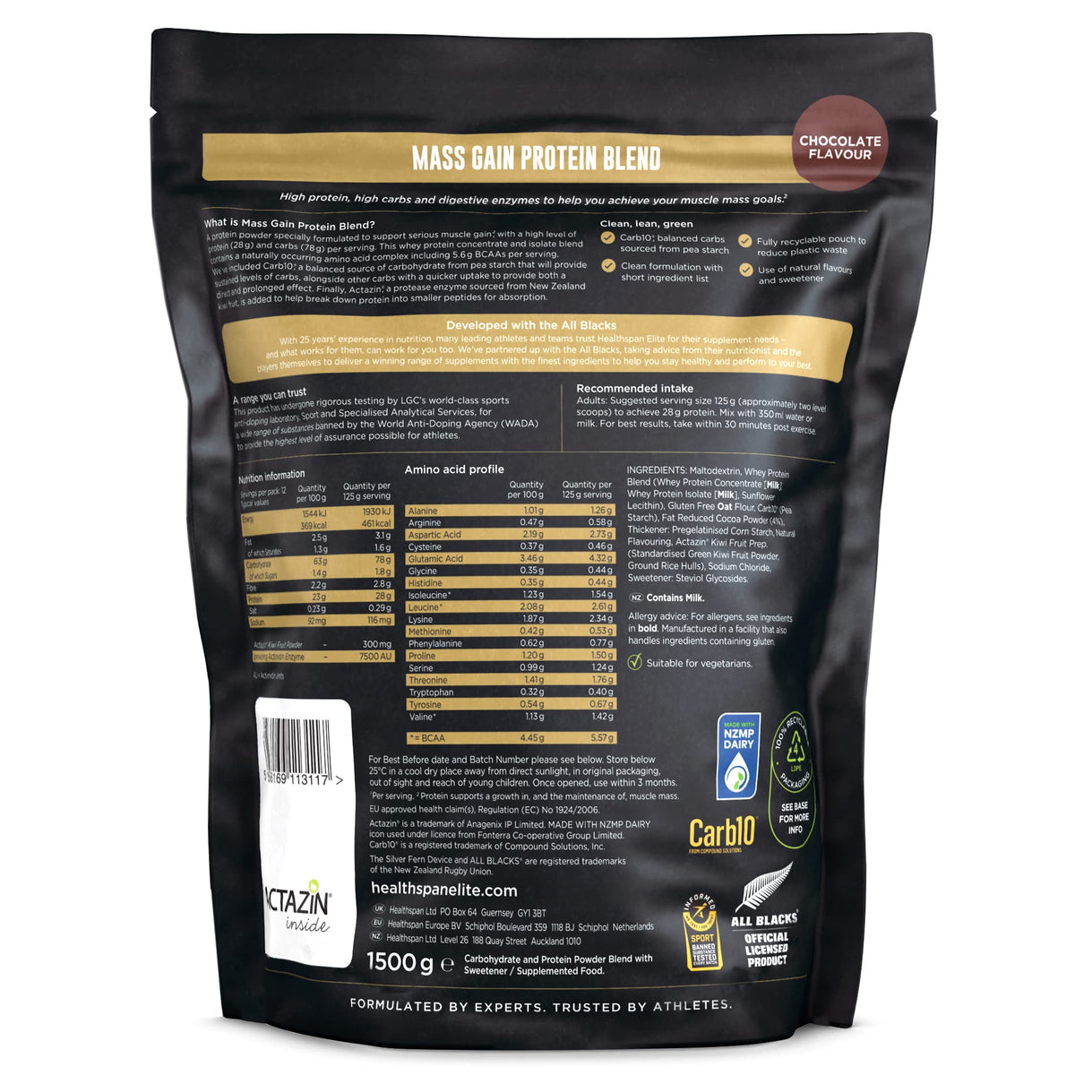 Healthspan Elite All Blacks Mass Gain Protein Blend (1500g) - Chocolate - 28g of Protein