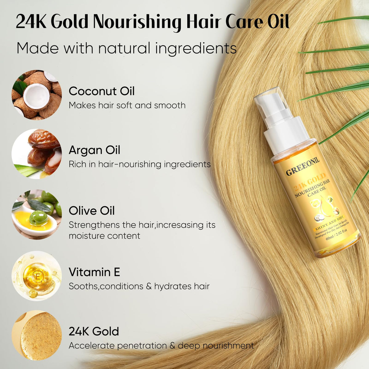 GREEONIL 24K Gold Argan, Coconut, and Olive Oil Serum for Frizz Control, Shine, and Split End Repair - Nourishing Hair Treatment with Vitamin E, 2.02 fl oz, 60ml