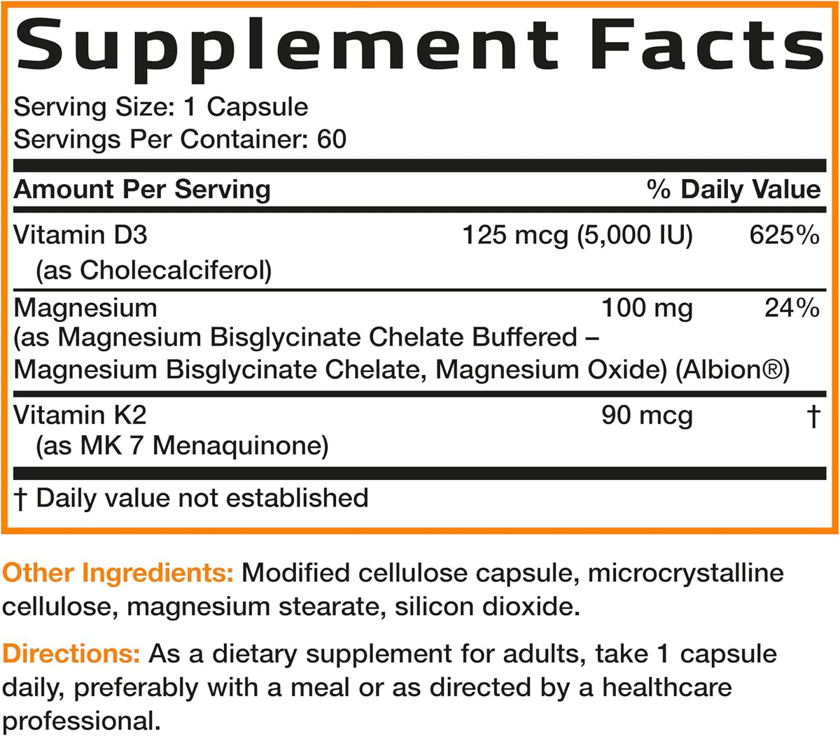 Bronson Vitamin K2+D3 Magnesium Glycinate Supplement, 60 Capsules - 3-in-1 Bone & Heart Health Support Formula, Non-GMO, Gluten Free, Soy Free