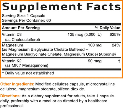 Bronson Vitamin K2+D3 Magnesium Glycinate Supplement, 60 Capsules - 3-in-1 Bone & Heart Health Support Formula, Non-GMO, Gluten Free, Soy Free