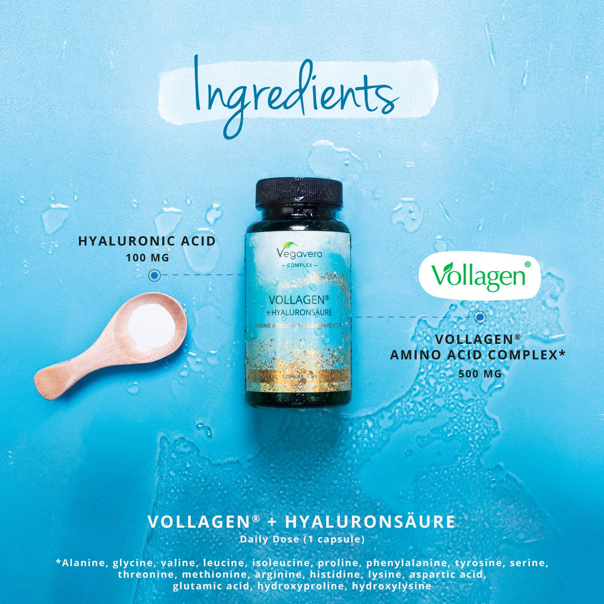 Vegavero Vegan Collagen Complex + Hyaluronic Acid - NO Additives - Vegan Collagen Powder Vollagen - Essential Amino Acids - 120 Capsules