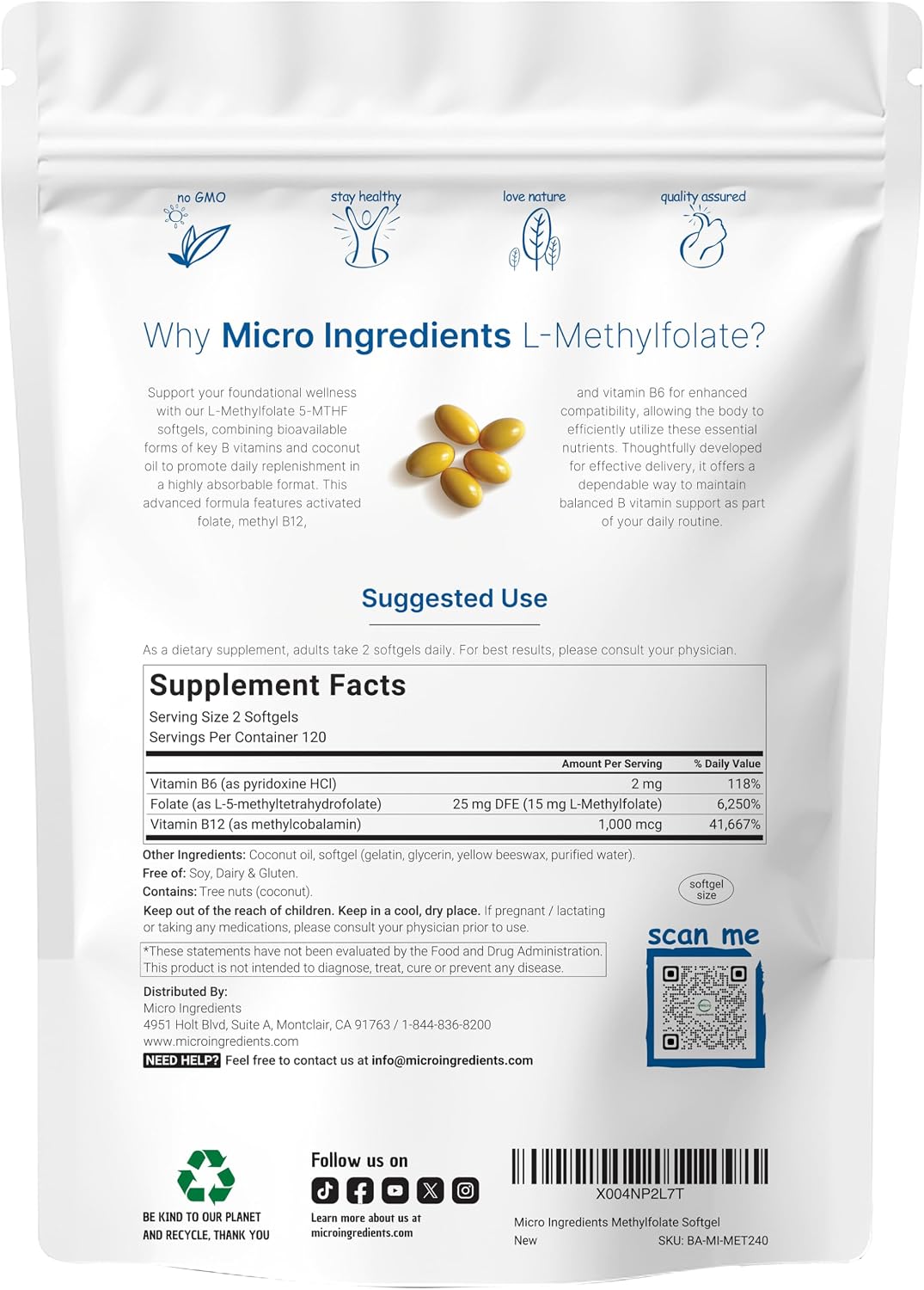 Micro Ingredients L Methylfolate 15mg, 240 Softgels - Active 5-MTHF with B6 & Methyl B12 - Methylated Vitamin B9 with Coconut Oil