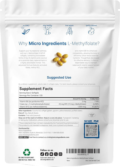 Micro Ingredients L Methylfolate 15mg, 240 Softgels - Active 5-MTHF with B6 & Methyl B12 - Methylated Vitamin B9 with Coconut Oil