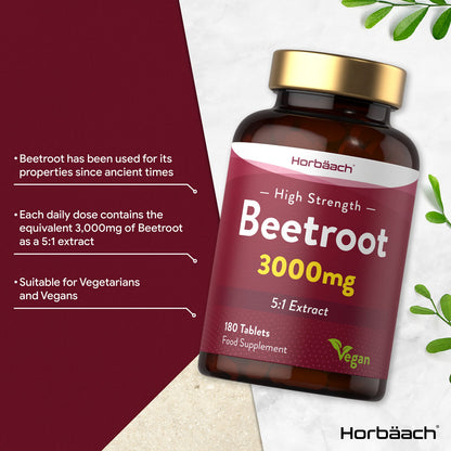 Beetroot Tablets 3000mg - 180 Count - High Strength 5:1 Extract Supplement - Nitric Oxide