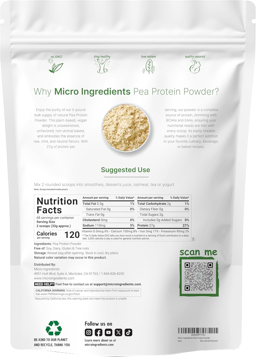 Micro Ingredients North American Grown, Pea Protein Powder, 5 Pounds - Plant Based, Unflavored - Complete Vegan Protein Source with BCAAs & EAAs – 27g Serving - Non-GMO, Keto Friendly