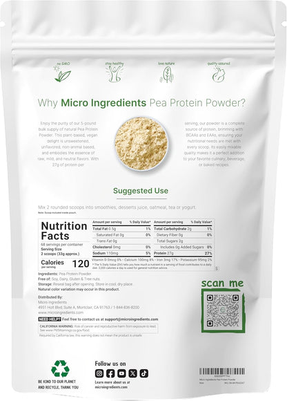 Micro Ingredients North American Grown, Pea Protein Powder, 5 Pounds - Plant Based, Unflavored - Complete Vegan Protein Source with BCAAs & EAAs – 27g Serving - Non-GMO, Keto Friendly