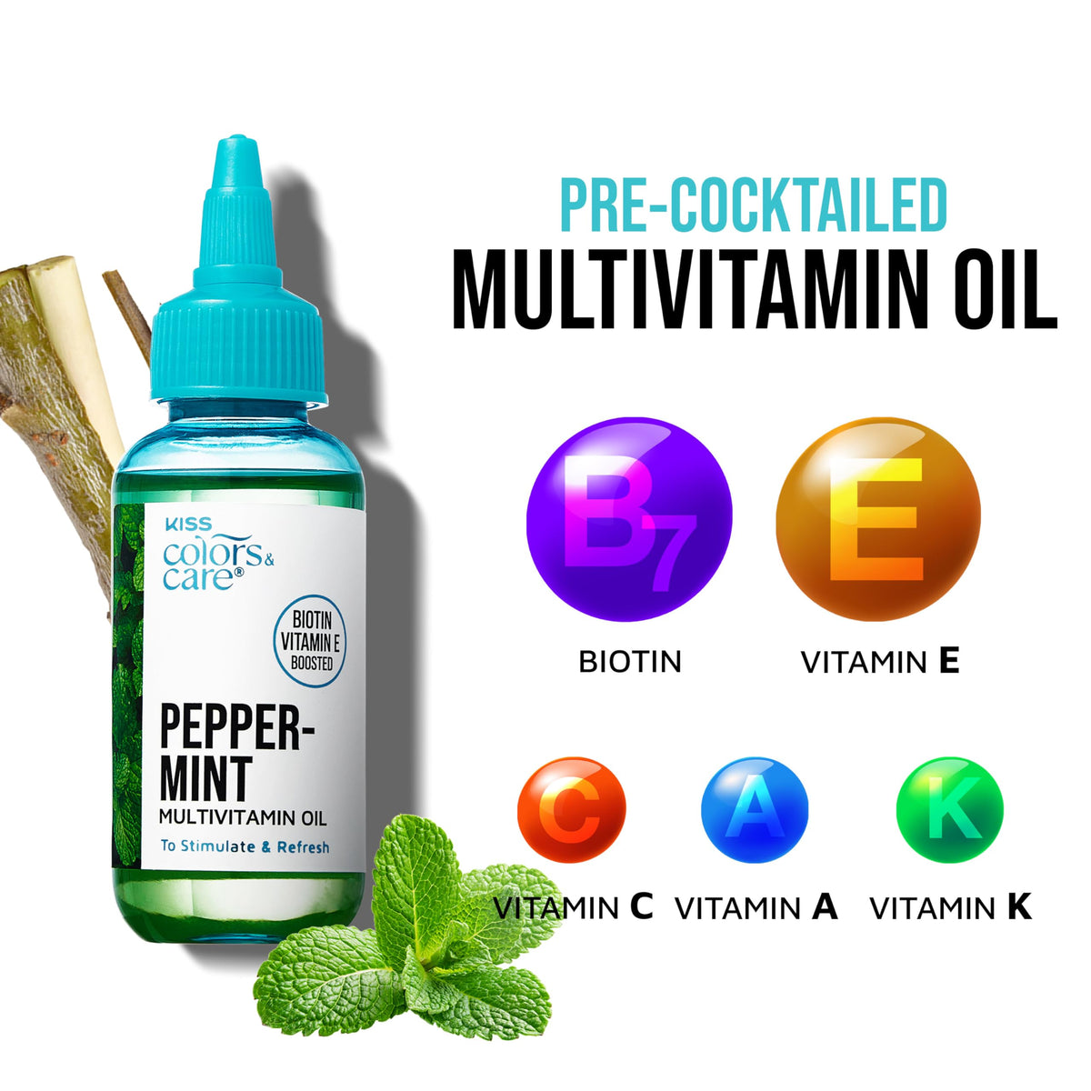 Kiss Colors & Care Peppermint Multivitamin Oil for Hair & Skincare, Infused with Biotin, Vitamin E and Natural Oils for Long-Lasting Hydration & Repair, 2.5 fl. oz.