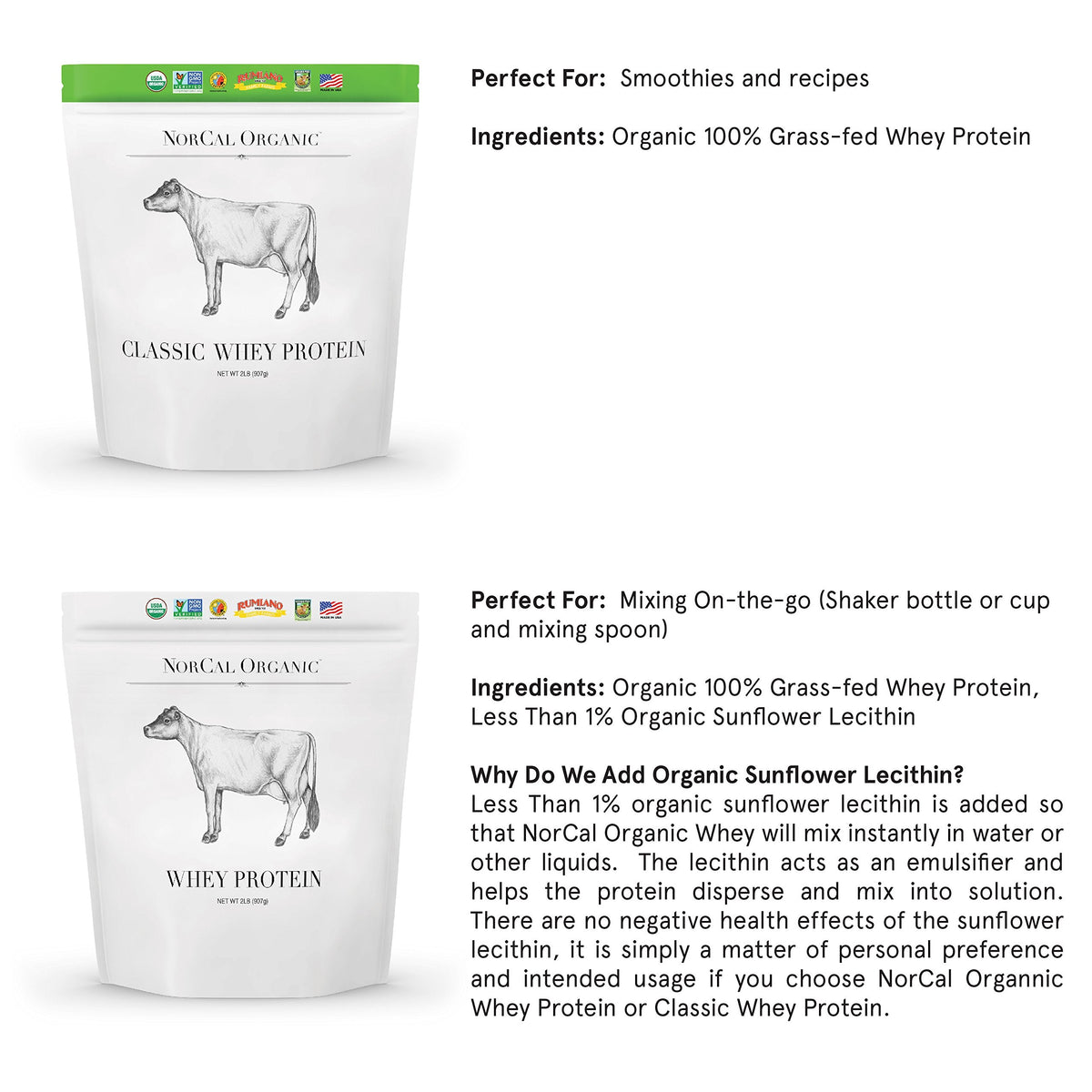 NorCal Organic Unflavored Whey Protein - 2lbs Bulk - 100% Grass-Fed, USDA Certified