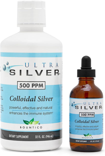 Ultra Silver® Colloidal Silver - 500 PPM, 32 Oz (946mL) - Mineral Supplement - True Colloidal Silver - 4 oz Dropper Bottle (Empty) Included for Dispensing!