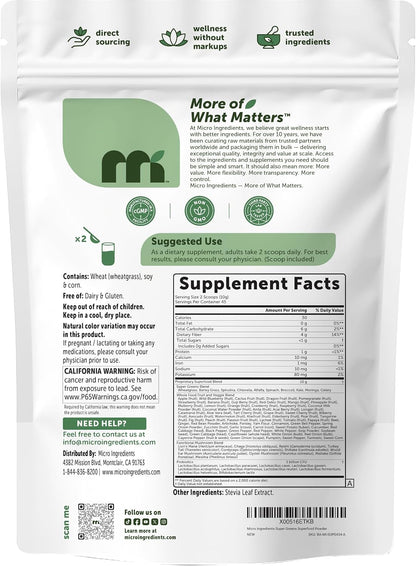 Micro Ingredients Super Greens Powder, 100 Superfoods, Green Drink Mix, 1lb - Superfood Blend with Daily Greens, Probiotics, Fruits, Vegetables & Mushrooms - 45 Servings - Non-GMO, Gluten-Free