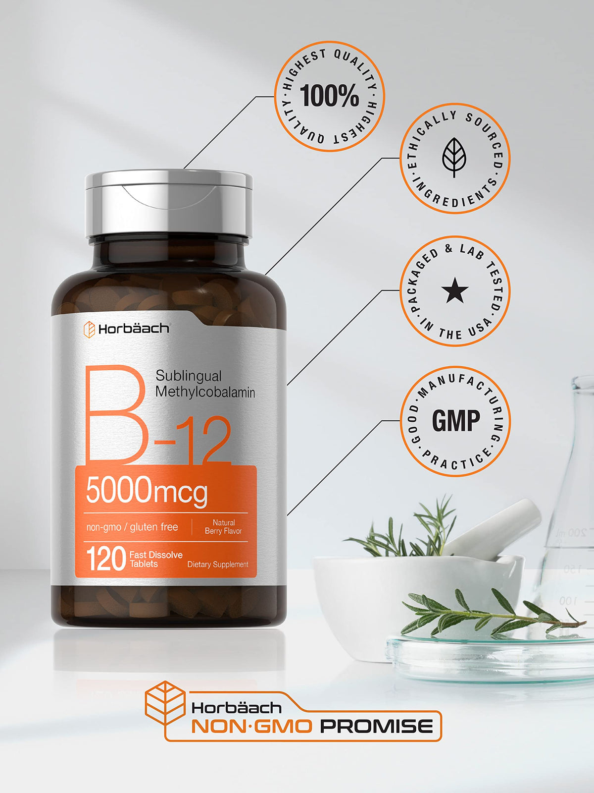 Horbäach B12 Sublingual Methylcobalamin - 5000mcg - 120 Fast Dissolve Tablets