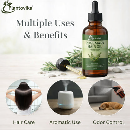 Plantovika Rosemary Oil for Hair Growth - Hair Growth Oil with Jojoba, Castor, Argan, Peppermint & Lavender - Scalp & Hair Strengthening Treatment for Women & Men (2 Fl Oz)