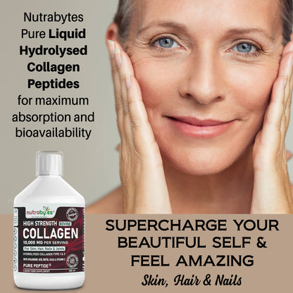 Collagen Liquid 10000mg, Hydrolysed Peptides - Hyaluronic Acid, Biotin, Silica, Vitamin C, Vitamin B12