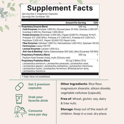 Micro Ingredients Super Enzymes with Prebiotics & Probiotics, 240 Veggie Capsules - Digestive Enzymes for Women & Men - Probiotic, Bromelain, Psyllium Husk & More - Immune & Gut Health Support*